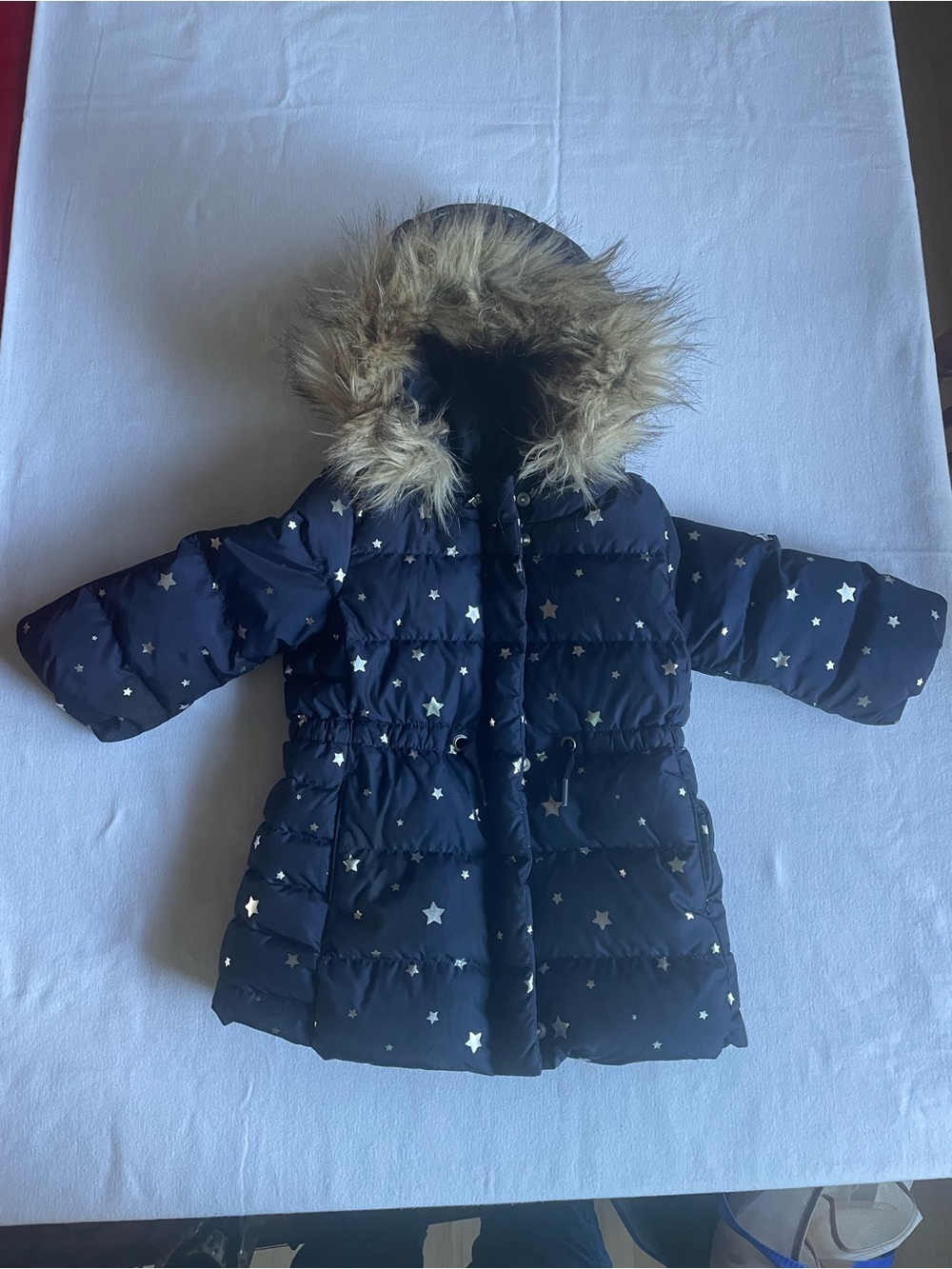 GAP Navy Puffer Coat with Gold Star Print and Faux Fur Hood